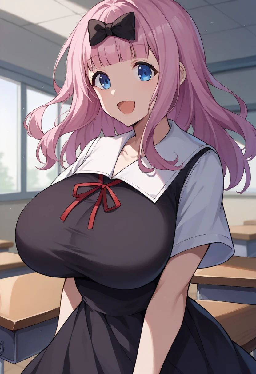 score_9, score_6_up, source_anime, 1girl, solo, classroom, cowboy shot, chika, blue eyes, pink hair, hair bow, black bow, black dress, white sailor collar, neck ribbon, red ribbon, short sleeves, white shirt, smile, open mouth, huge breasts ,