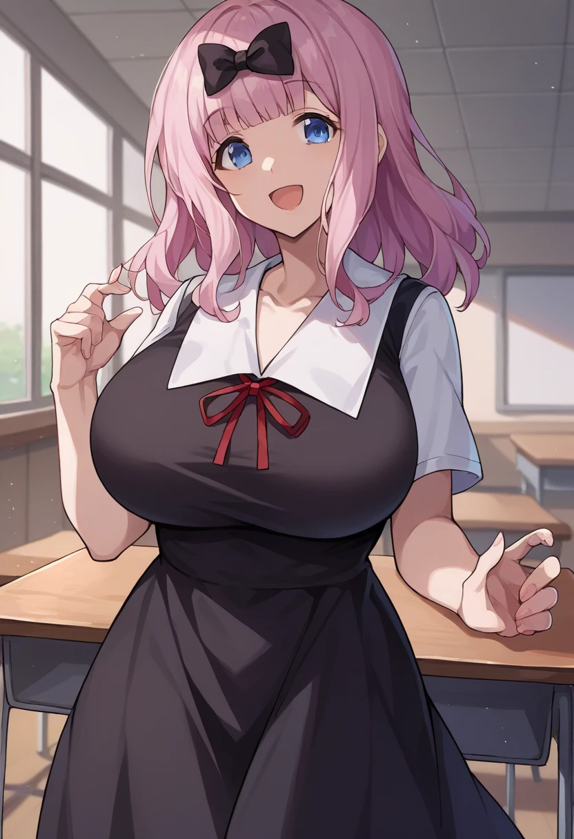 score_9, score_6_up, source_anime, 1girl, solo, classroom, cowboy shot, chika, blue eyes, pink hair, hair bow, black bow, black dress, white sailor collar, neck ribbon, red ribbon, short sleeves, white shirt, smile, open mouth, huge breasts ,