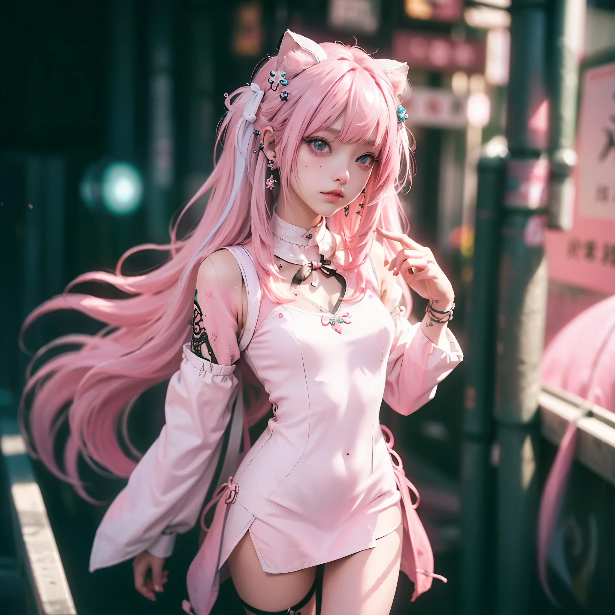 ((best qualtiy)), ((tmasterpiece)), (detail:1.4), Beautiful cyberpunk Japan woman image,sixteen years old,(Photograph the whole body),nffsw(HighDynamicRange),Ray traching,NVIDIA RTX,Hyper-Resolution,illusory 5,Sub-surface scattering,PBR Textures,post processed,Anisotropy Filtering,depth of fields,maximum definition and sharpness,multi-layer texture,Albedo e mapas Speculares,Surface Coloring,Mitsu-Accurate simulation of material interactions,Perfectly proportioned,rendering by octane,Two-colored light,Large aperture,Low ISO,White Balance,Rule three points、8K raw data、Beautiful bright red pupils,Off-the-shoulder clothing,Fine pupils,Pink and red gradient on chestnut hair,Red hair tips、Delicate face and eyes,with round face, drooing eyes, long eyelasher,Blushlush,Delicate and fluffy hair,lip,pure,Cute face,Sweet girl,Artistic sense,Casual wear,Advanced Sense,flower petals,Snowflake, Briar snow background, Beautiful Hair Accessories,long hair and waist,Hair fluttering in the wind,Snow White cat ears, Curly、Make it look like a real photo、Transparent skin、Body Slender、Breasts are small and B size、Seductive smile,(((Background and People 4:1)))、Lots of colorful flowers on the background、Lots of colorful flowers on the background、((The background is whole4cut))、legs crossed、Shy laughter、top-quality、(Zentangle、a Mandala、Tangles、Entanglement)、Floral tights up to the knee、garterbelts、