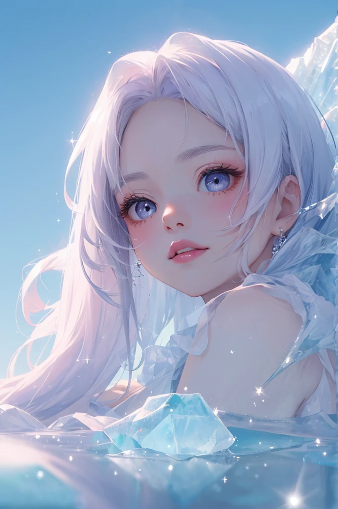  １ beautiful girl、From directly below、comical eyes、 big eyes on left jaw、 Ice Pink Lips、 skin texture、shoulder、Breath、  mist dress 、Frills、cool、Delicate soft 、 SPARKLING REFLECTION 、 natural ice white super long hair、 Mist and Fusion 、WHITE DARK MIST 、Blur、 warm light、HD