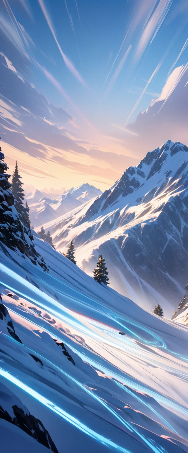 A skier speeding down a snowy mountain with a viewpoint from their perspective, The skier's rapid descent is captured as if they are flying with the ski tracks depicted as glowing lines to emphasize speed, Snow is swirling and glowing around the skier, creating an ethereal effect, The scene is set in a vast snowy landscape with clear skies depicted in a watercolor style using cool blues and whites as the primary colors and adding warm tones to the glowing ski tracks for contrast, The image captures the exhilarating momentum and the fantastical beauty of the snow-covered mountain, UHD, anatomically correct, retina, masterpiece, accurate, super detail, high details, high quality, highres, best quality, award winning, 16k