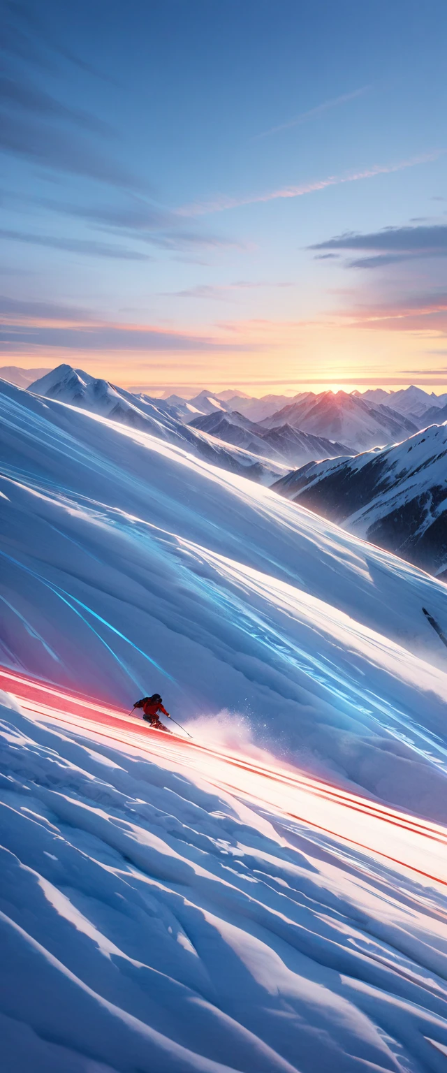 A skier speeding down a snowy mountain with a viewpoint from their perspective, The skier's rapid descent is captured as if they are flying with the ski tracks depicted as glowing lines to emphasize speed, Snow is swirling and glowing around the skier, creating an ethereal effect, The scene is set in a vast snowy landscape with clear skies depicted in a watercolor style using cool blues and whites as the primary colors and adding warm tones to the glowing ski tracks for contrast, The image captures the exhilarating momentum and the fantastical beauty of the snow-covered mountain, UHD, anatomically correct, retina, masterpiece, accurate, super detail, high details, high quality, highres, best quality, award winning, 16k