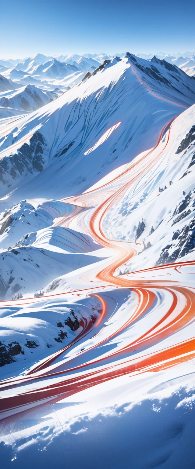 A skier speeding down a snowy mountain with a viewpoint from their perspective, The skier's rapid descent is captured as if they are flying with the ski tracks depicted as glowing lines to emphasize speed, Snow is swirling and glowing around the skier, creating an ethereal effect, The scene is set in a vast snowy landscape with clear skies depicted in a watercolor style using cool blues and whites as the primary colors and adding warm tones to the glowing ski tracks for contrast, The image captures the exhilarating momentum and the fantastical beauty of the snow-covered mountain, UHD, anatomically correct, retina, masterpiece, accurate, super detail, high details, high quality, highres, best quality, award winning, 16k