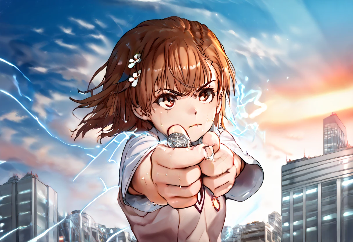 misaka mikoto,1girl,solo,tokiwadai school uniform,sweater vest,school uniform,hair ornament,short hair,hair flower, upper body,shirt,flower,perfect hands, perfect finger,perfect anatomy, masterpiece, best quality,realistic, hyperrealistic, 16k hdr,1 mature female,outdoor,high school,sweat,(orange beam, energy beam:1.2, from side:1.3), looking to the side, electricity, electrokinesis, one-arm outstretched, city background ,(serious,angry),(strong wind:1.3)