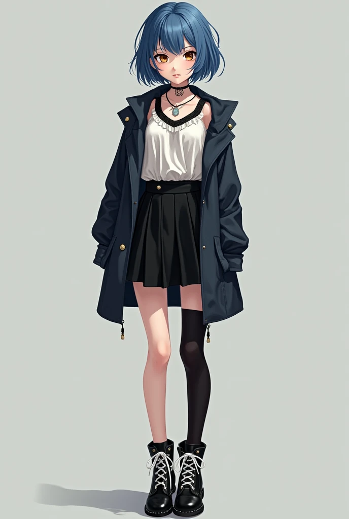 (muste piece, highest quality, ultra high resolution),1 girl,suit , beautiful and detailed face, fine eyes,((Gray and Blue theme)),((whole body)),perfect eyes、no background,white background,((wearing black boots)),((Cute fluttery white dress)),Isshiki、model、Beautiful thin legs、slender body,スーパーmodel