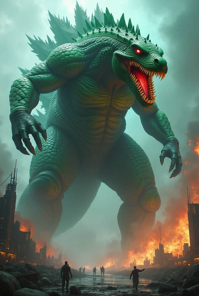 Huge radioactive Godzilla with bat wings, everything he touches corrodes with a green liquid of radiation