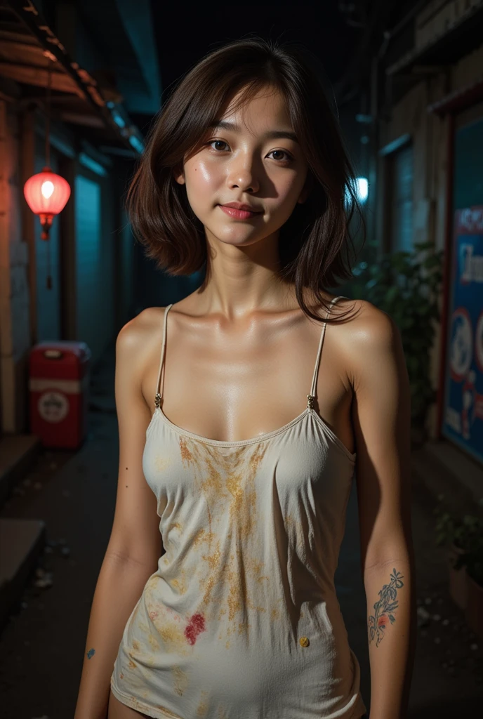 1 Girl, Beautiful, Baby Face, 20 Years Old,nude, White Skin, big Breasts, Sexy Pose, arms up, sweet armpits,, ((nude)), ((Grey Eye)), Bokeh, Chinese Street Background, Masterpiece, ((Night))