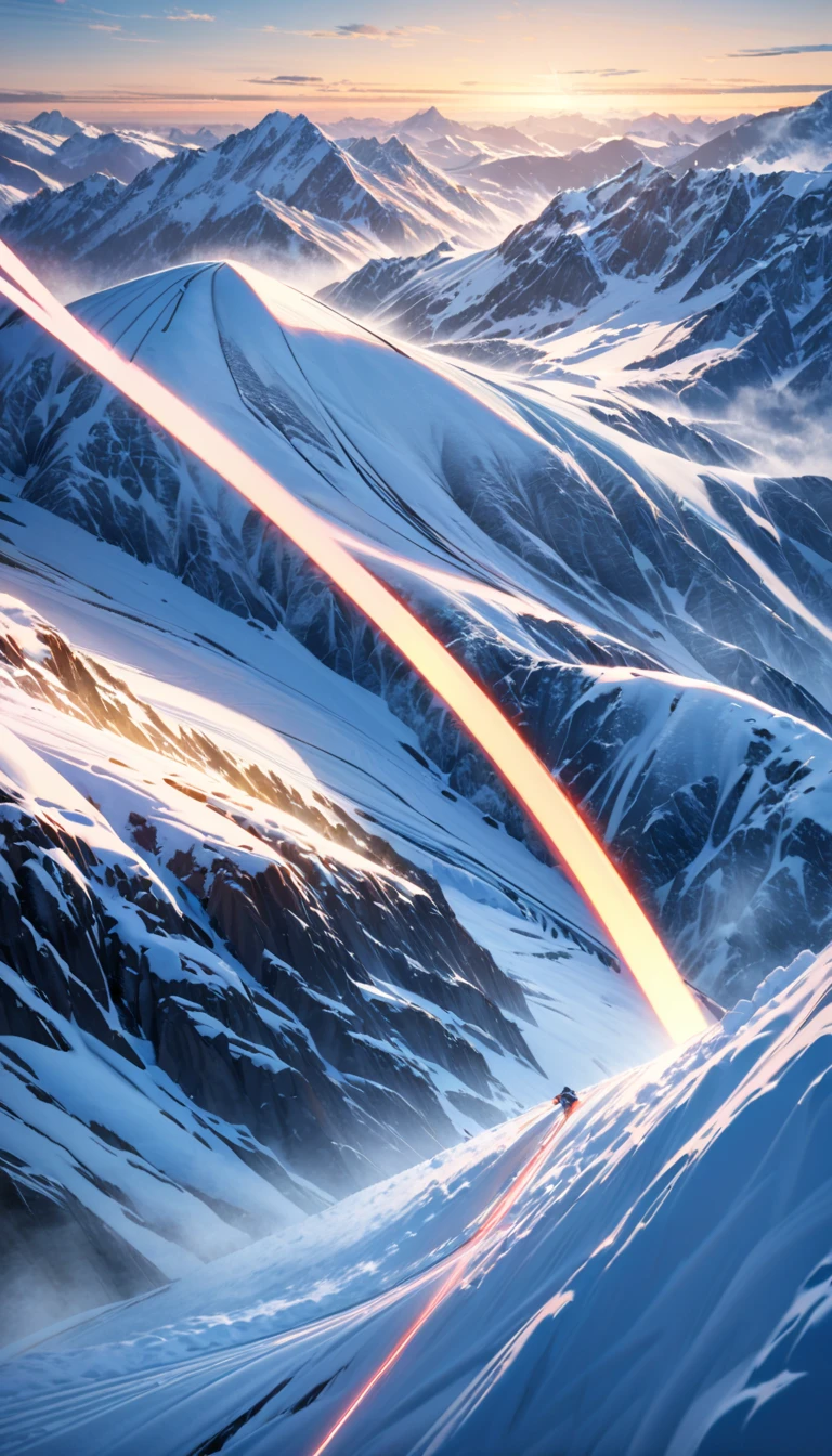 A skier speeding down a snowy mountain with a viewpoint from their perspective, The skier's rapid descent is captured as if they are flying with the ski tracks depicted as glowing lines to emphasize speed, Snow is swirling and glowing around the skier, creating an ethereal effect, The scene is set in a vast snowy landscape with clear skies depicted in a watercolor style using cool blues and whites as the primary colors and adding warm tones to the glowing ski tracks for contrast, The image captures the exhilarating momentum and the fantastical beauty of the snow-covered mountain, UHD, anatomically correct, retina, masterpiece, accurate, super detail, high details, high quality, highres, best quality, award winning, 16k