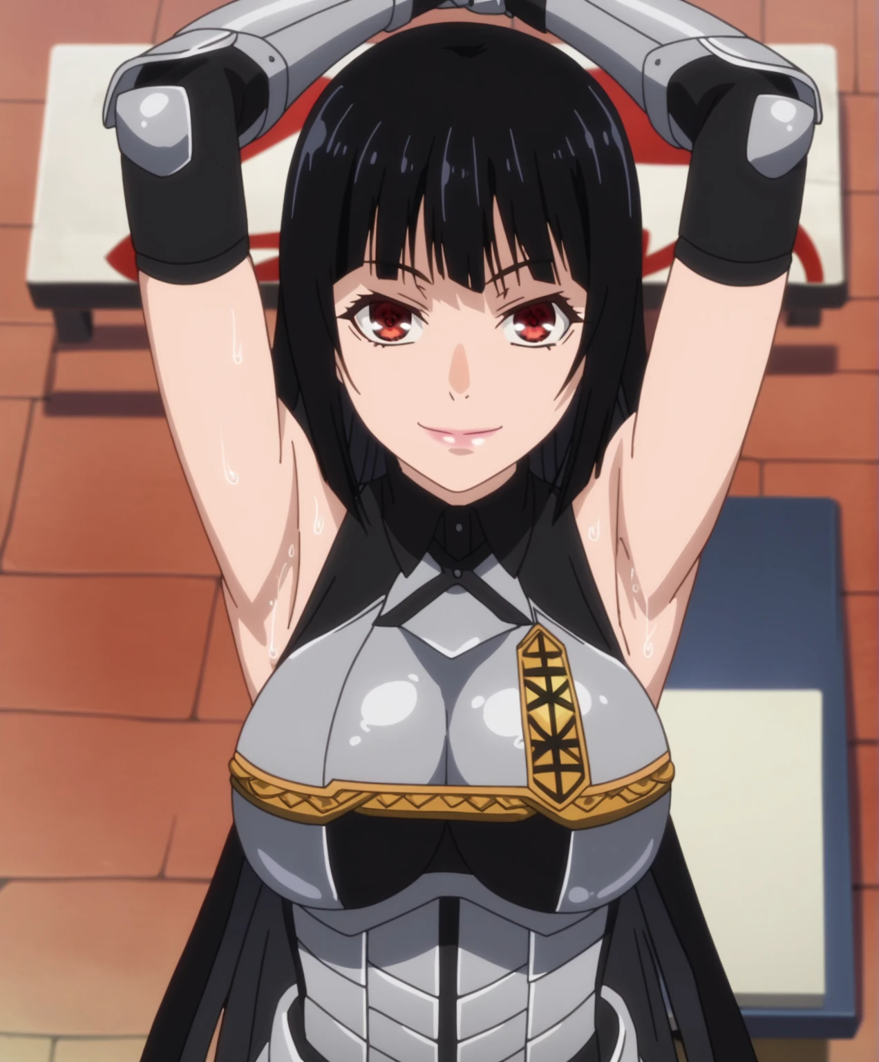 score_9, score_8_up, score_7_up, source_anime, anime screencap, 1girl, solo, jabami yumeko, red eyes, black hair, long hair, large breasts, cleavage, armor, breastplate, gauntlets, armored_dress, sleeveless, arms up, raised arms, armpits, looking at viewer, smile, closed mouth, outdoors, forest, from above, badhandv4, sweaty armpits