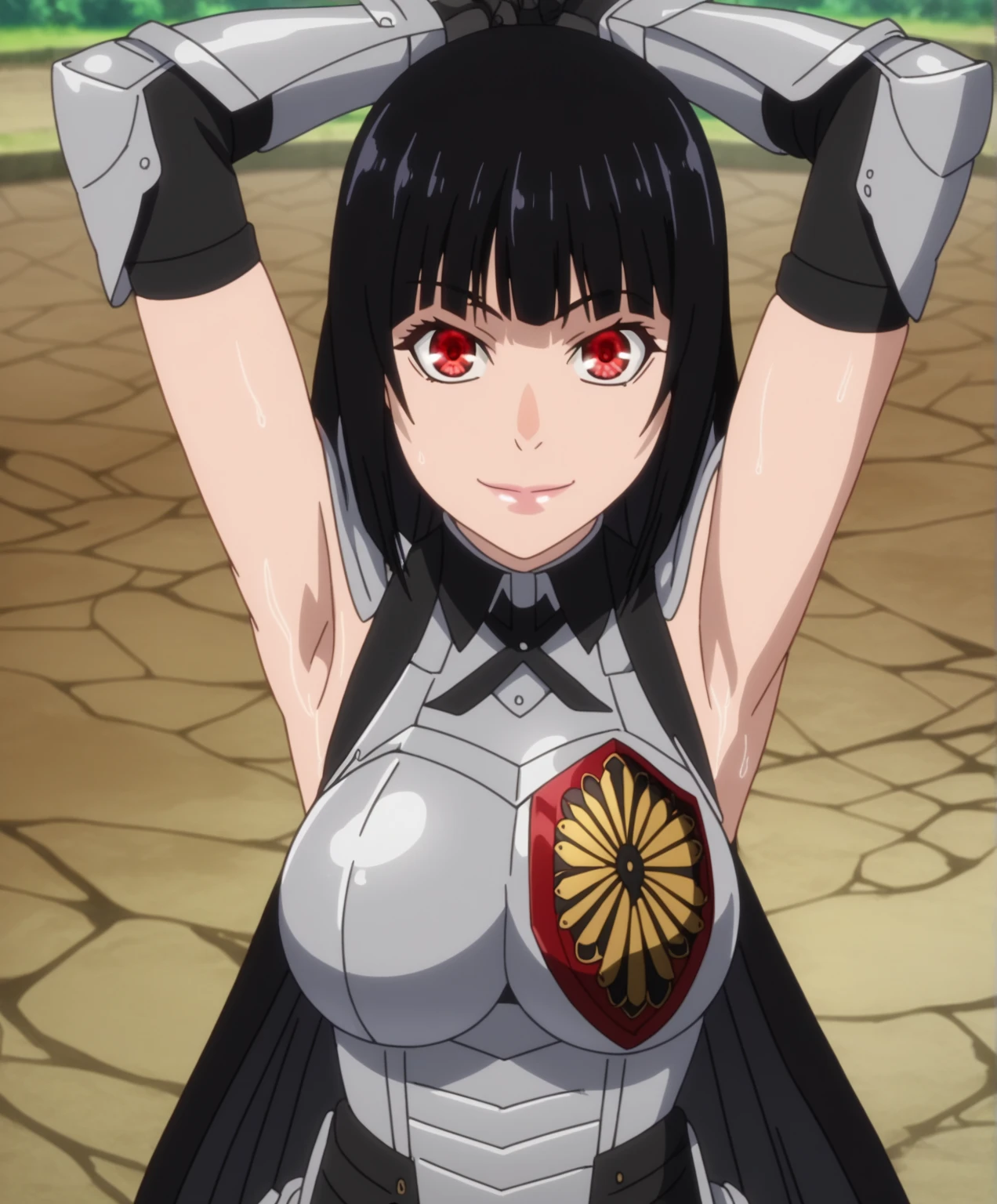 score_9, score_8_up, score_7_up, source_anime, anime screencap, 1girl, solo, jabami yumeko, red eyes, black hair, long hair, large breasts, cleavage, armor, breastplate, gauntlets, armored_dress, sleeveless, arms up, raised arms, armpits, looking at viewer, smile, closed mouth, outdoors, forest, from above, badhandv4, sweaty armpits