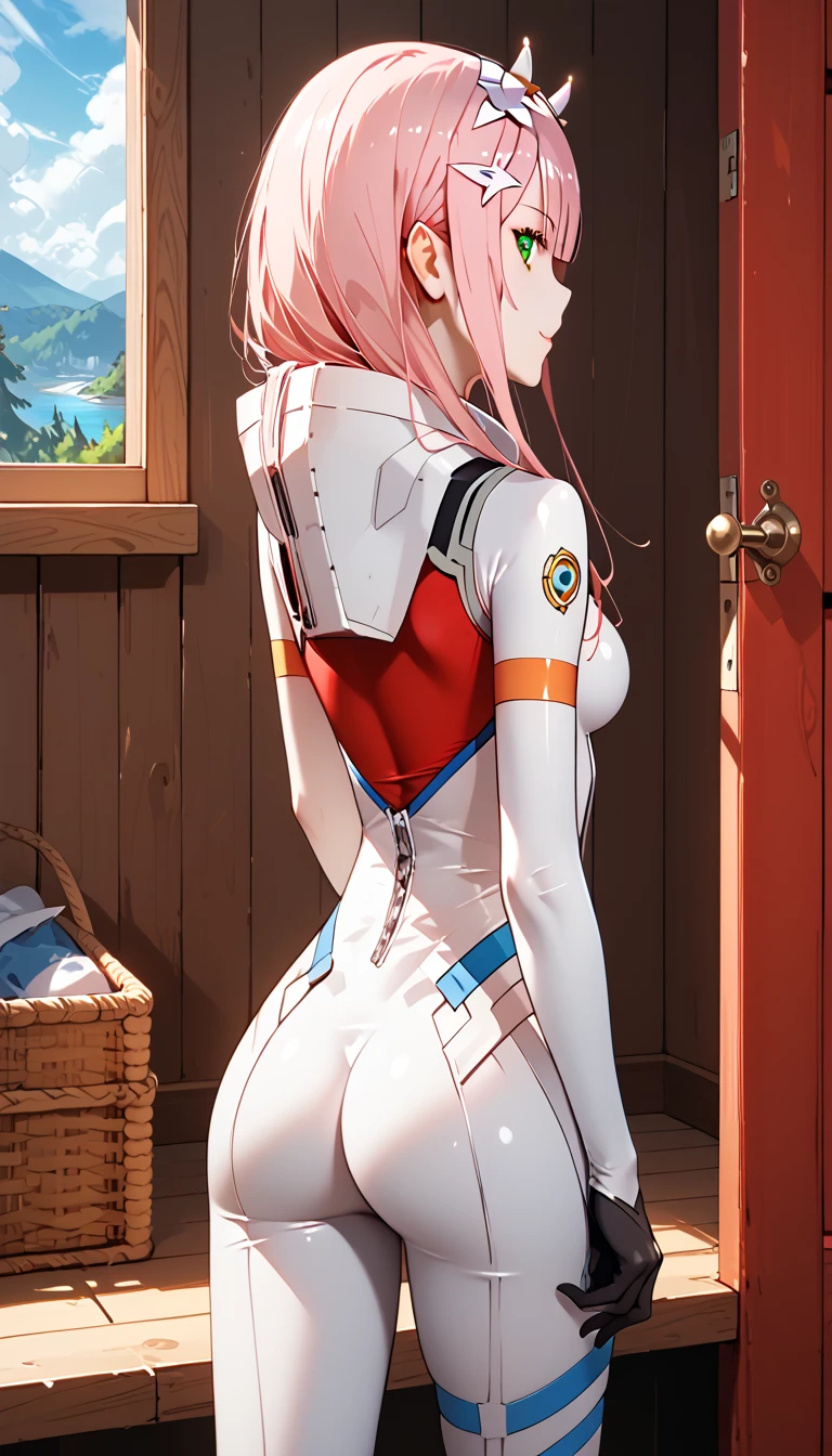 1деINушка, Zero Two, re zero_дINа_(darlg __The_francs), pk_INолосы, bodysuit, яINляется, long_INолосы,  exponential_suit, One, horns,  lookg _back, INолосыband,  lookg _IN_ viewer , cabin , SK_tight, bang,  breast, , from_behd ,  ulybka, green_eyes, акINа_eyes, эрfromика, very sexy,