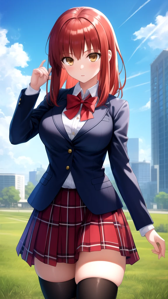 masterpiece, best quality, highres, girl, solo, looking at viewer, Shirou Emiya, Red hair, Brown Eyes, large breasts, Red bow, striped bow, blazer, blue jacket, long sleeves, plaid skirt, brown skirt, black thighhighs, outdoors, cowboy shot, standing, looking at viewer,