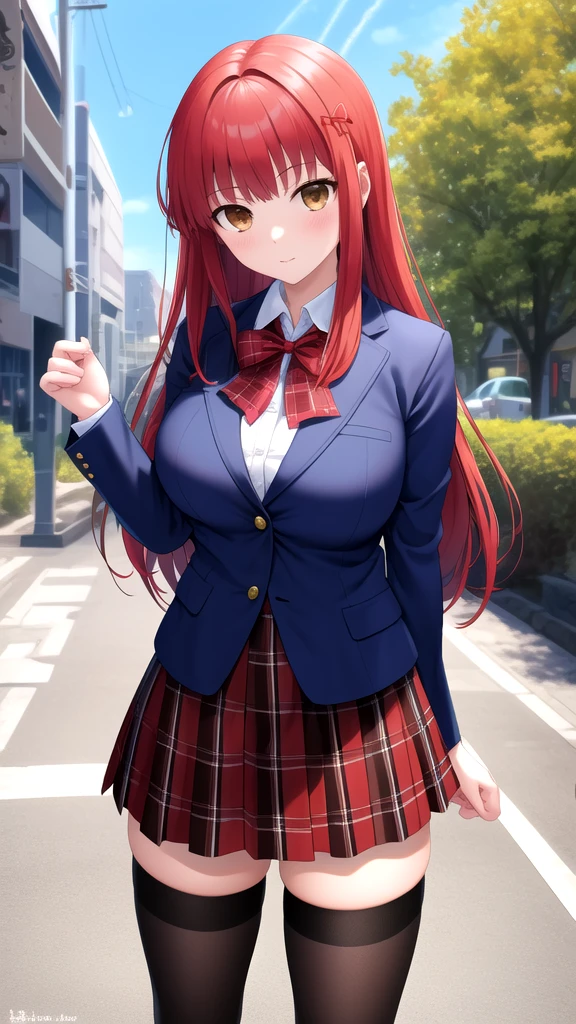 masterpiece, best quality, highres, girl, solo, looking at viewer, Shirou Emiya, Red hair, Brown Eyes, large breasts, Red bow, striped bow, blazer, blue jacket, long sleeves, plaid skirt, brown skirt, black thighhighs, outdoors, cowboy shot, standing, looking at viewer,