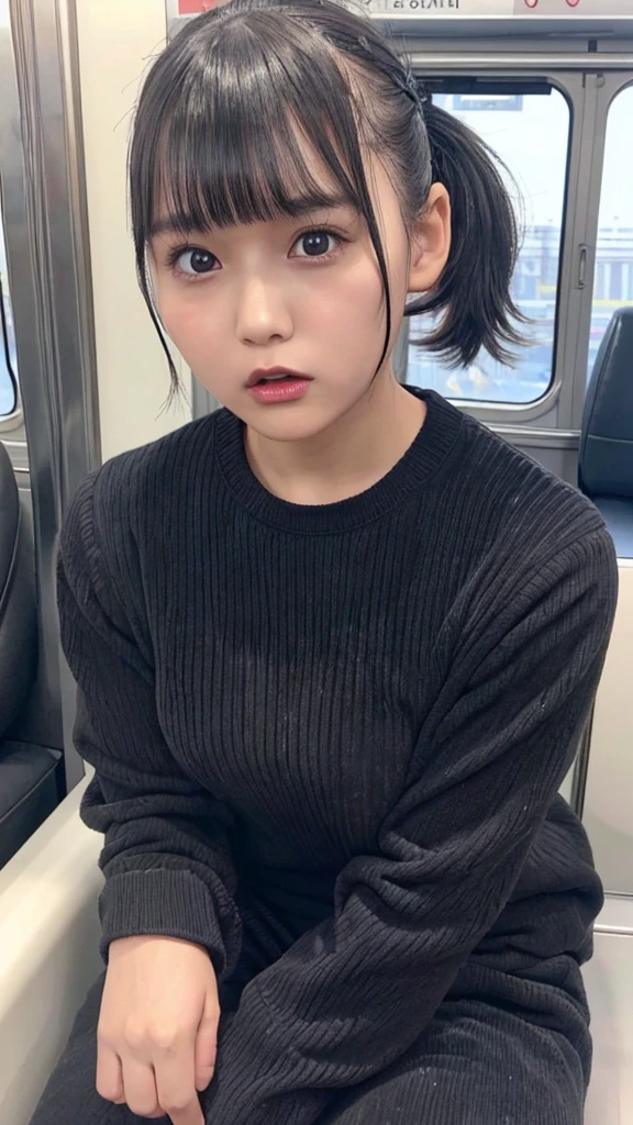 (sitting on the seat),(((black long sleeve knit, black corduroy pants))), (((open mouth, angry disgusted eyes:1.1)))、((((black short ponytail hair, bangs)))), Japanese、(dark skin),((((Round face))))、(big cheeks)、((Cute Face))、(((Japanese idol)))、(((background: in the train))),  Ultra High Definition,  high image quality model,  retina,  top quality, High resolution、high resolution、in 8K,Highly detailed eyes and face、超High resolution, High resolution、high resolution、in 8K