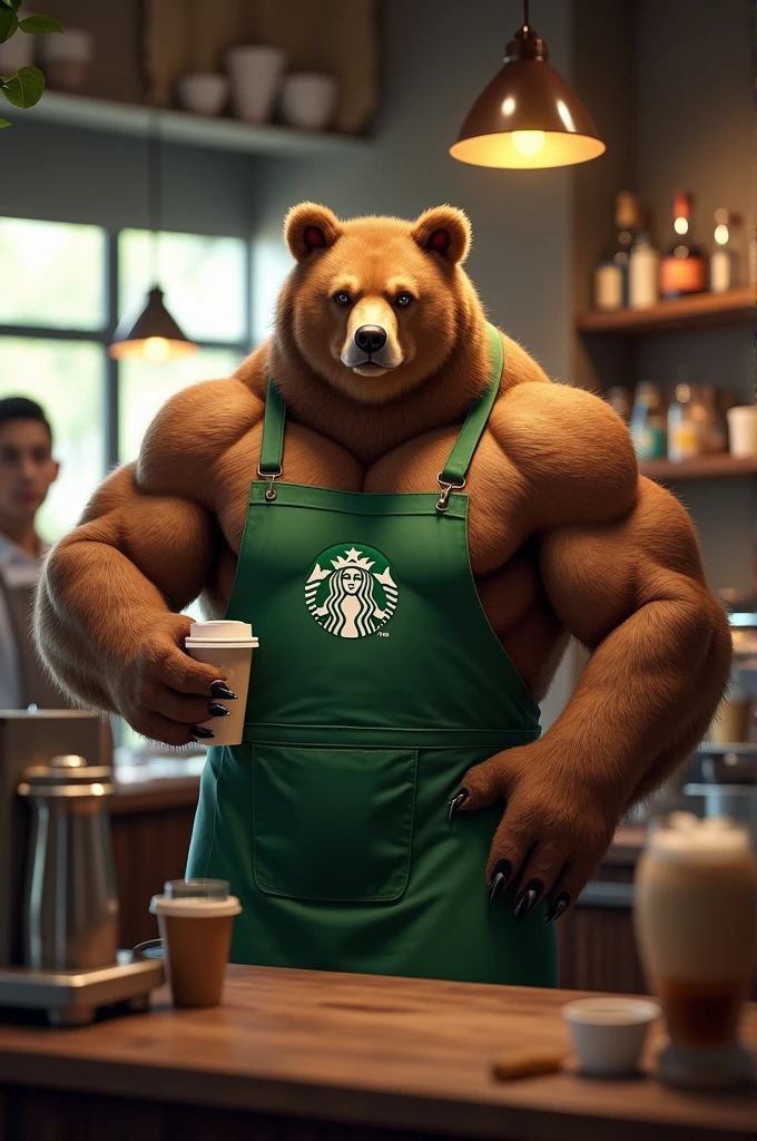 uploaded on e621, explicit content, (cutesexyrobutts,cervina_7, sana!rpg, sligarthetiger), (furry, anthro:1.2), hourglass figure, female, cute, solo,MalO, Starbuck, casher, barista, Starbucks apron, large breasts, natural breasts, tail, tall, happy expresion, lactating, NSFW
 