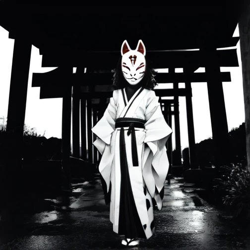 monochrome,anbu,1girl,medium hair,black hair,japanese clothes,kimono,standing,torii,solo,