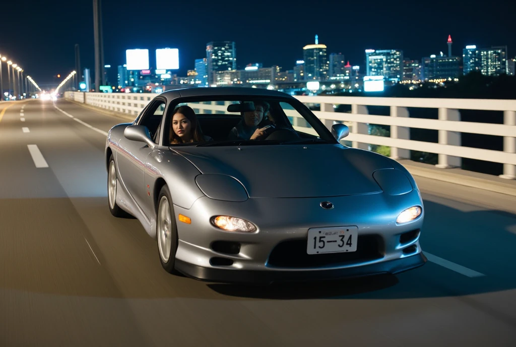  perfect composition ,  proper placement , Golden Ratio,  from directly above:2.0, A silver MAZDA /rx-7 :1.6, "15-34"License plate , A beautiful Japanese woman pilots, A silver MAZDA / rx-7 FD car is speeding along the Metropolitan Expressway at night:1.331, Lights on,  motion blur , 