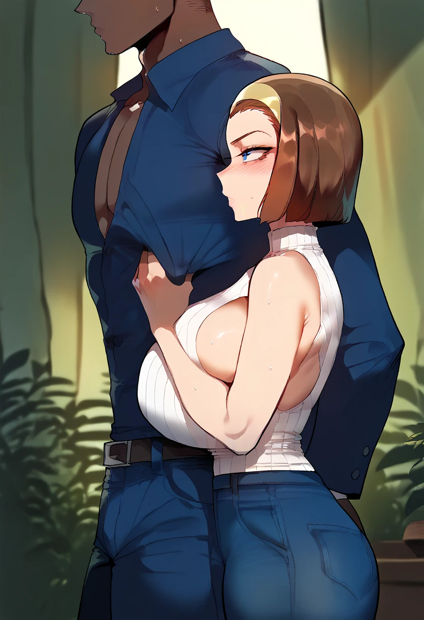 Hyper realistic, Suzuki Sonoko, short hair, brown hair, hairband, blue eyes, perfect face, perfect lighting,  , ,huge breasts, sweat,、turtle neck sleeveless white ribbed knit T-shirt(loose)、 denim pants with open front、 from the side:2、boob tent, from side,  grabs the chest,  1 boy,  Faceless Man,  size difference , Take the male face out of the frame  , Side View,  profile,  up per body, Walking, Woman's Foreground , Male Background, Walking side by side, Man in suit,  rating_i doubt it