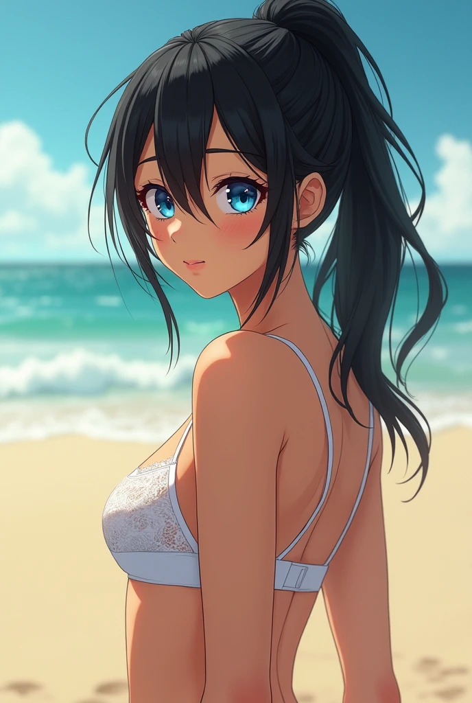 (best quality,4k,8k,highres,masterpiece:1.2),ultra-detailed,(realistic,photorealistic,photo-realistic:1.37),1girl,beautiful detailed eyes,beautiful detailed lips,extremely detailed face and body,large breasts,long dark hair in ponytail,blue eyes,anime style,sling bikini,beach,golden hour lighting,cinematic composition,vibrant colors,volumetric lighting,dynamic pose