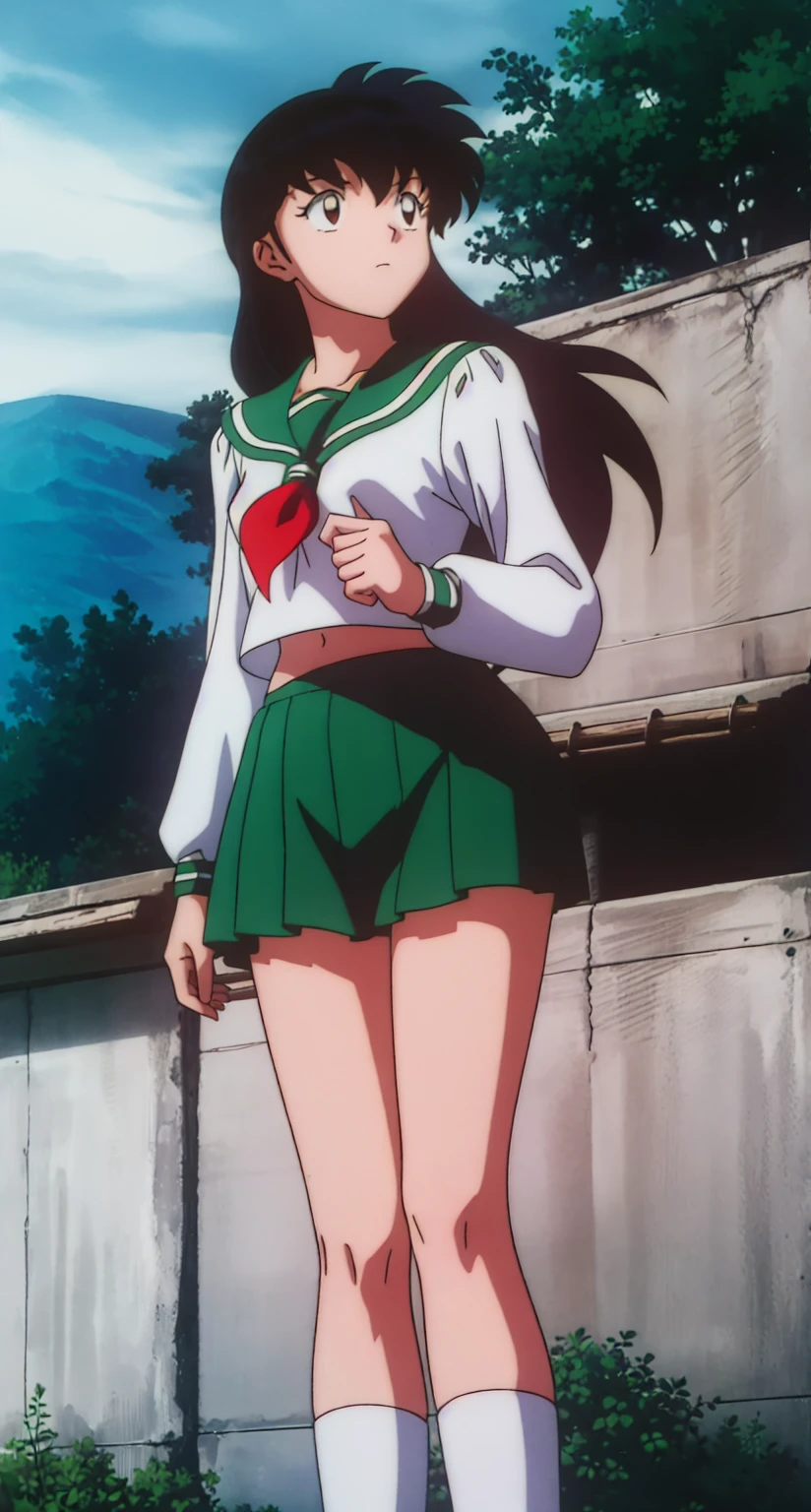 1girl, solo, outdoors, long hair, brown eyes, school uniform,(Masterpiece: 1.6, Best Quality), (Fine Beautiful Eyes: 1.2), (best quality, masterpiece, higher), green school uniform, soft thighs , long sleeves, white socks, scenery , Best Quality, ((anime)) ((Colored)) HD, Kagome Higurashi ,school uniforms, Standing, Green skirt, Red scarf, long hair, Black hair between the eyes, Thighs are soft, school background , black hair, skirt ,standing, green skirt, serafuku, belly button, midriff, both hands on hips
