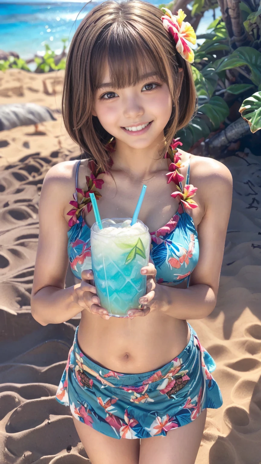 (Japanese idol, 1 girl, unparalleled beauty, Seduce, smile, small face, perfect style, Body based on human mechanics, Raw photo, real person:1.4) photograph, (professional lighting), (((highly detailed eyes and face))), ((double eyelids)), (Tits sharp focus:1.4), (brown hair, ponytail, elegant light makeup, eyeliner, mascara:1.4), huge , [[[abs, muscular body, Sixpad]]], beautiful smooth skin, soft looking skin, 20-year-old, ((slim body, small ass, slender)), (micro bikini, white mini skirt, I can see the cleavage, Hold a straw in your mouth, walk on the beach, tifa lockhart:1.4), attractive face, NSFW, ,