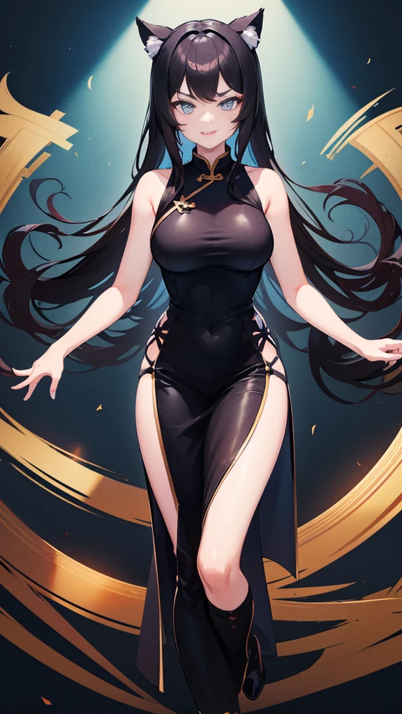 (Hentaicat girl age 21 yearold) ( black hair, loose hairstyle ) Has black cat ears, has a black cat tail, large breasts (Light blue eyes, sharp eyes) Perfect finger (ชุด Black Chinese cheongsam dress sleeveless sexy) Bare Legs, Sly Smiling