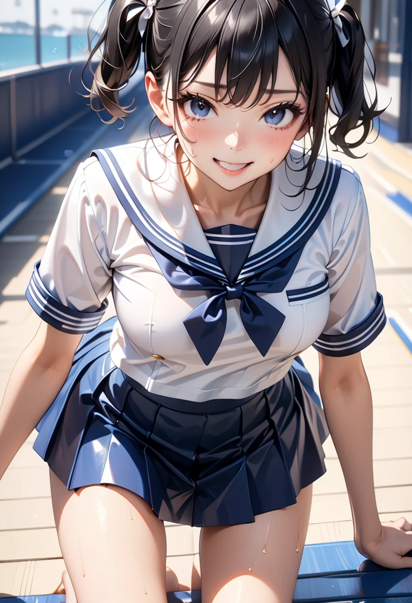 After sex、Realisticistic beautiful female student、、Amazingly beautiful、smile、Beautiful body、(Highest quality、8k、32K、masterpiece、Hmph:1.3)、Ultra-high resolution,(Realistic:1.4),RAW Photos, Detailed face,,Beautiful Hair,, ,Very short hair 、Very short hair、Amazingly beautiful二重まぶた、 Natural Makeup,, Small and perfect breasts, Wet Hair、Detailed Background, Perfect lighting, Written boundary depth, Beautiful shadow gradation、Thin limbs、Thin thighs、(whole body)、(Bloomers, Bloomersー(old japanese gym clothes))、Beautiful slim perfect body、Beautiful high nose、、Mid-chest、Bloomersー、Drenched in sweat、(Yoshizuki Iori)、Outdoor、Schoolyard、ground、Schoolyard
