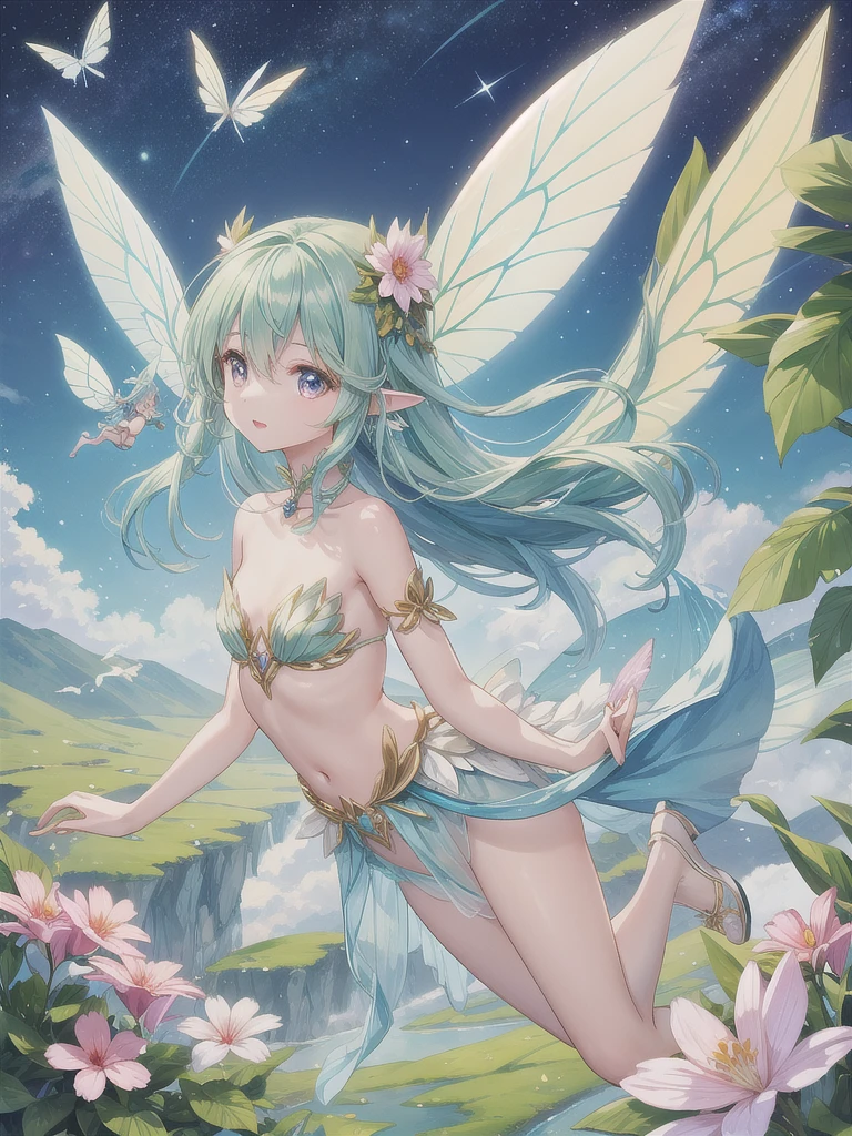 Cute little fairy, small breasts, pick cheeks , wide smile, wing, big eyes, fly, on tree, swaying legs, best quality