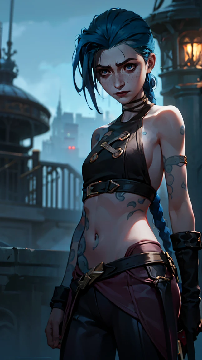 (masterpiece, Best quality), 1 girl, portrait, very sexy, crazy look, smile, crying, pink tears, tears on the cheeks, tears from eyes, full length (full body 1.1.), очень feminine, fighting stance, battle, fire, explosions, burning city, Beautiful waist, gloomy composition, flame, fire, Flash, very beautiful, feminine, long hair, hair braided in long braids, very sexy, tight leather pants, emphasis on the eyes, emphasis on the face, Beautiful face, Hands, Hair, Haired ponytail, red purple eyes, Джинкс crying, Blue cloud tattoo, (masterpiece, Best quality), Side lighting, beautiful detailed eyes, crazy face), (Best quality), (masterpiece), magic photography, Spectacular lighting, Photorealism, ultra detailed, интимная portraitная композиция, 1. 4,8 k UHD, aesthetic, Cd., A high resolution, 8 k, better lighting, Best shade, Ultra-HD, A high resolution, sharp focus, Complex background, Cinematic lighting, ((Landscape view)), 4K block, (better lighting), ((Cinematic lighting)),