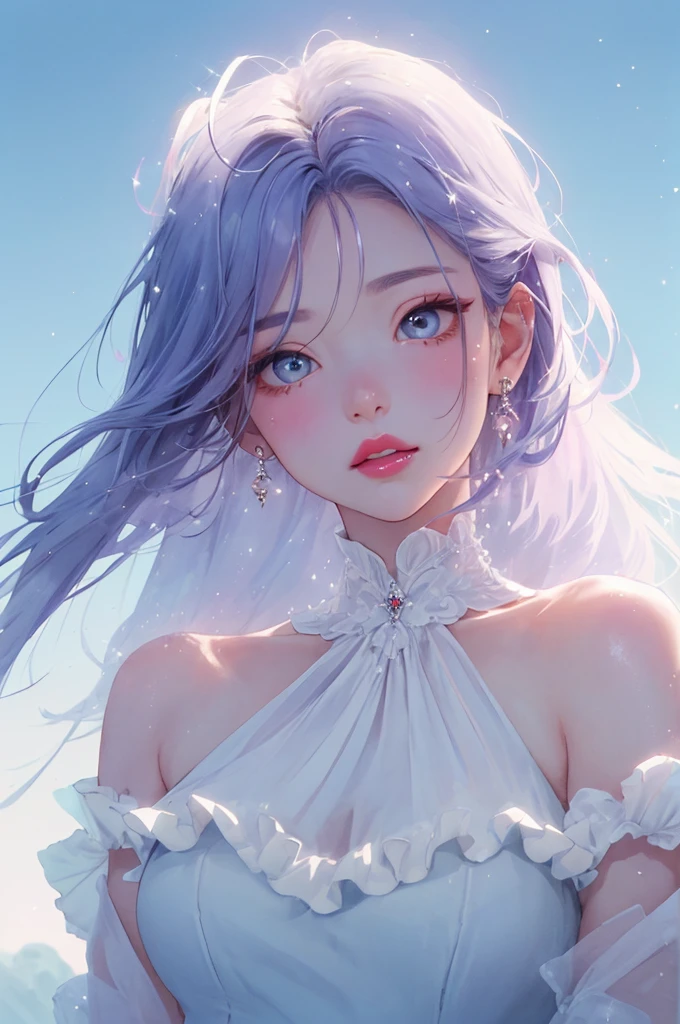  １ beautiful girl、 bust shot、From directly below、comical eyes、 big eyes on left jaw、jewelry pink lips 、Brush、 skin texture、shoulder、Take a deep breath、  mist dress 、Frills、cool、Delicate soft 、 SPARKLING REFLECTION 、 natural blue super long hair、 Mist and Fusion 、WHITE DARK MIST 、Blur、 warm light、HD