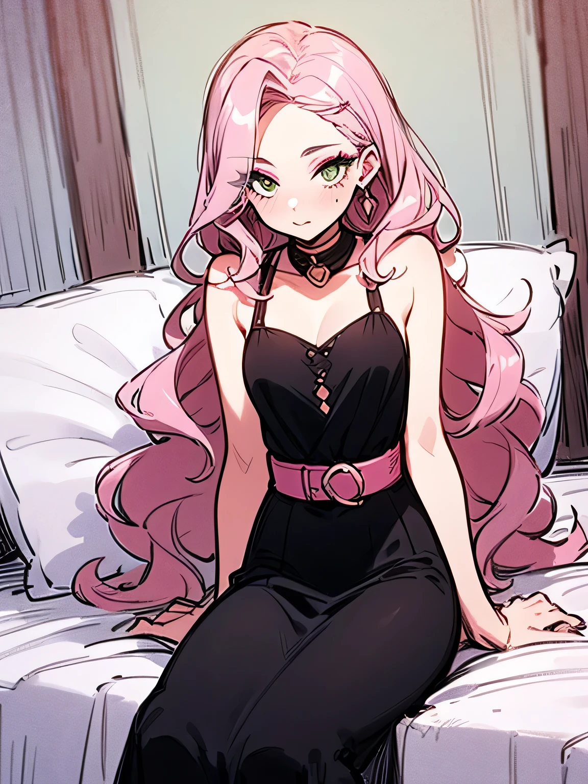 Perfect face. Perfect hands. A pink haired woman with violet eyes and an hourglass figures in a leather skirt and tank top is writing in a gothic living room with a big smile