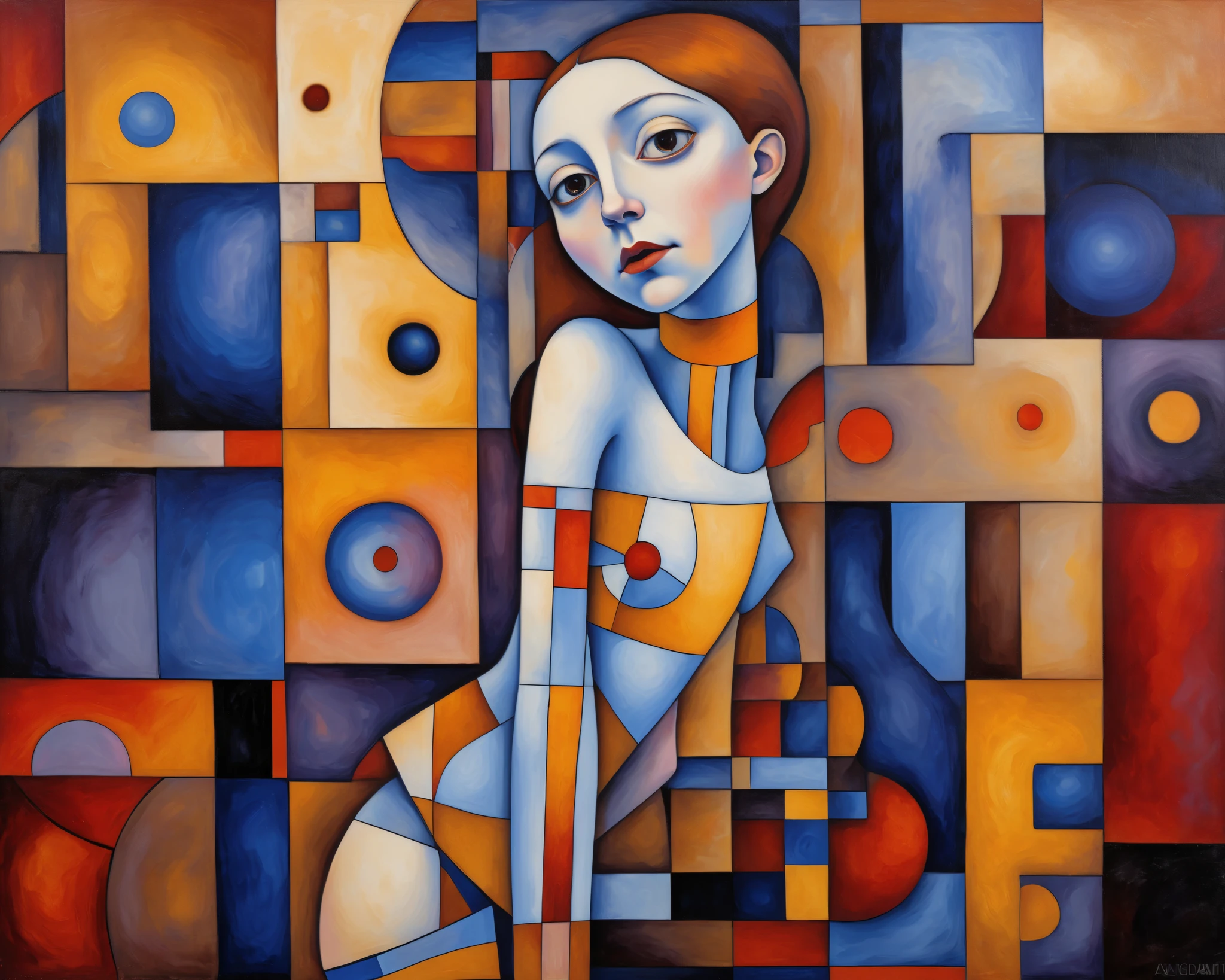 Cubist painting, young alien girl with a narrow face, cubism, large geometric shapes, steampunk, multicolored, Mary Cassatt style, Klimt style background, tight halter top.