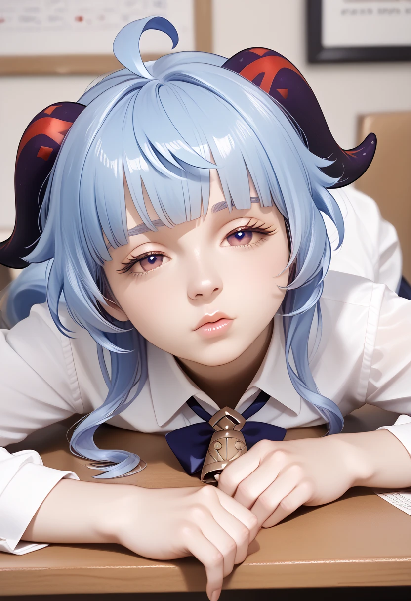 (masterpiece, best quality), blue hair girl fall asleep on table intricate details, 1girl, ganyu from genshin impact, tired and sleepy, asleep on desk, wearing alluring and sexy office attire, laying head down on the desk covered by paperwork as she uses her arms as her pillow as she sits on the chair leaning towards the desk , beautiful detailed eyes, beautiful detailed lips, extremely detailed face, long eyelashes, photorealistic, studio lighting, 8k, professional, vivid colors