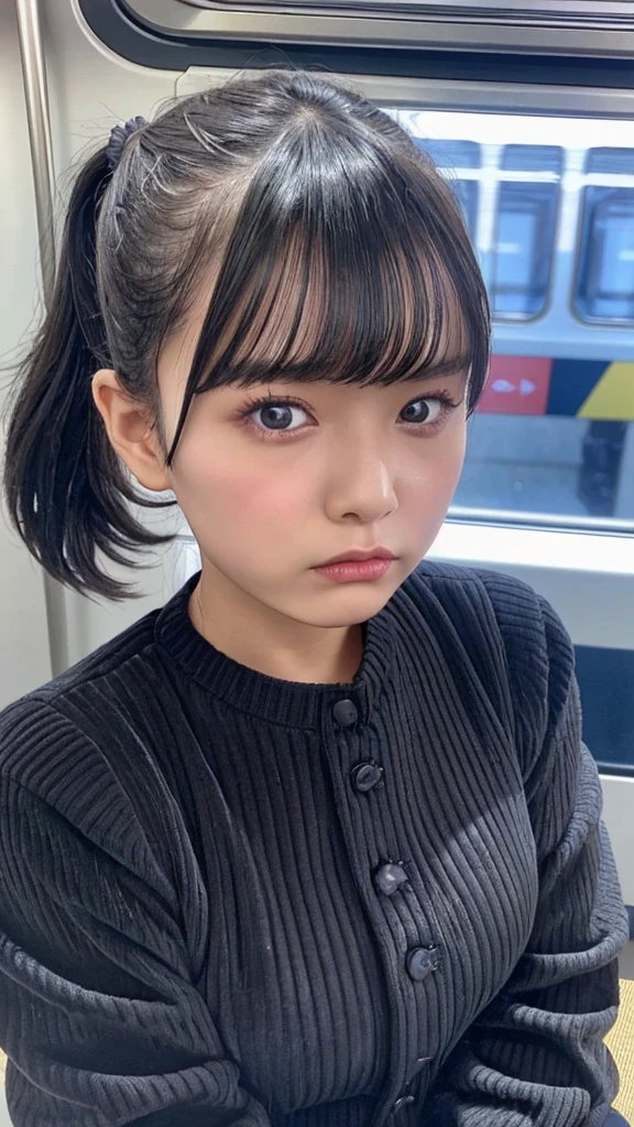 (sitting on the seat),(((black long sleeve knit, black corduroy pants))), (((angry disgusted half closed eyes:1.2)))、((((black short ponytail hair, bangs)))), Japanese、(dark skin),((((Round face))))、(big cheeks)、((Cute Face))、(((Japanese idol)))、(((background: in the train))),  Ultra High Definition,  high image quality model,  retina,  top quality, High resolution、high resolution、in 8K,Highly detailed eyes and face、超High resolution, High resolution、high resolution、in 8K