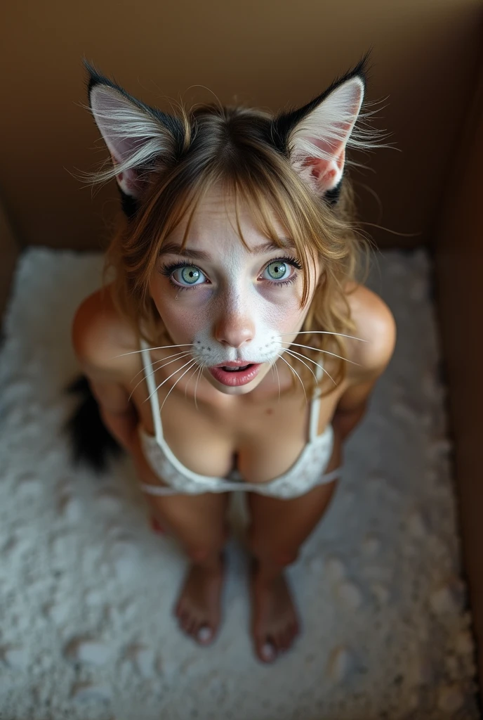 there is a woman laying on a bed with a hello kitty stuffed animal, hello kitty, cute panties, very very kawaii, 1 8 yo, her belly button is exposed, she's on my bed in bikini, sitting on her bed, barbie doll in panties and bra, hello, very beautiful cute catgirl, sitting on the bed, belly exposed, posing in bed