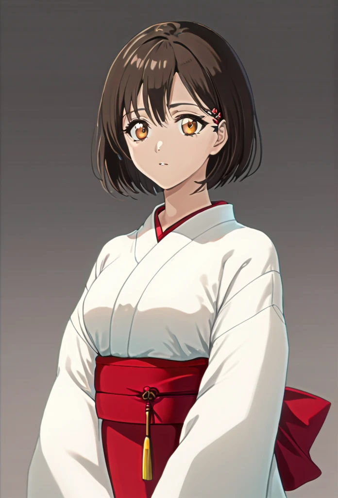 ( better resolution :1.3)( Best Quality : 1.5)( best illustration : 1.3), 4k,  dark brown hair ,  short hair length , ( finely detailed eyes : 1.3) orange eyes, light skin,  slim build ,  medium breasts, white kimono and red hakama, 1'59 cm height .