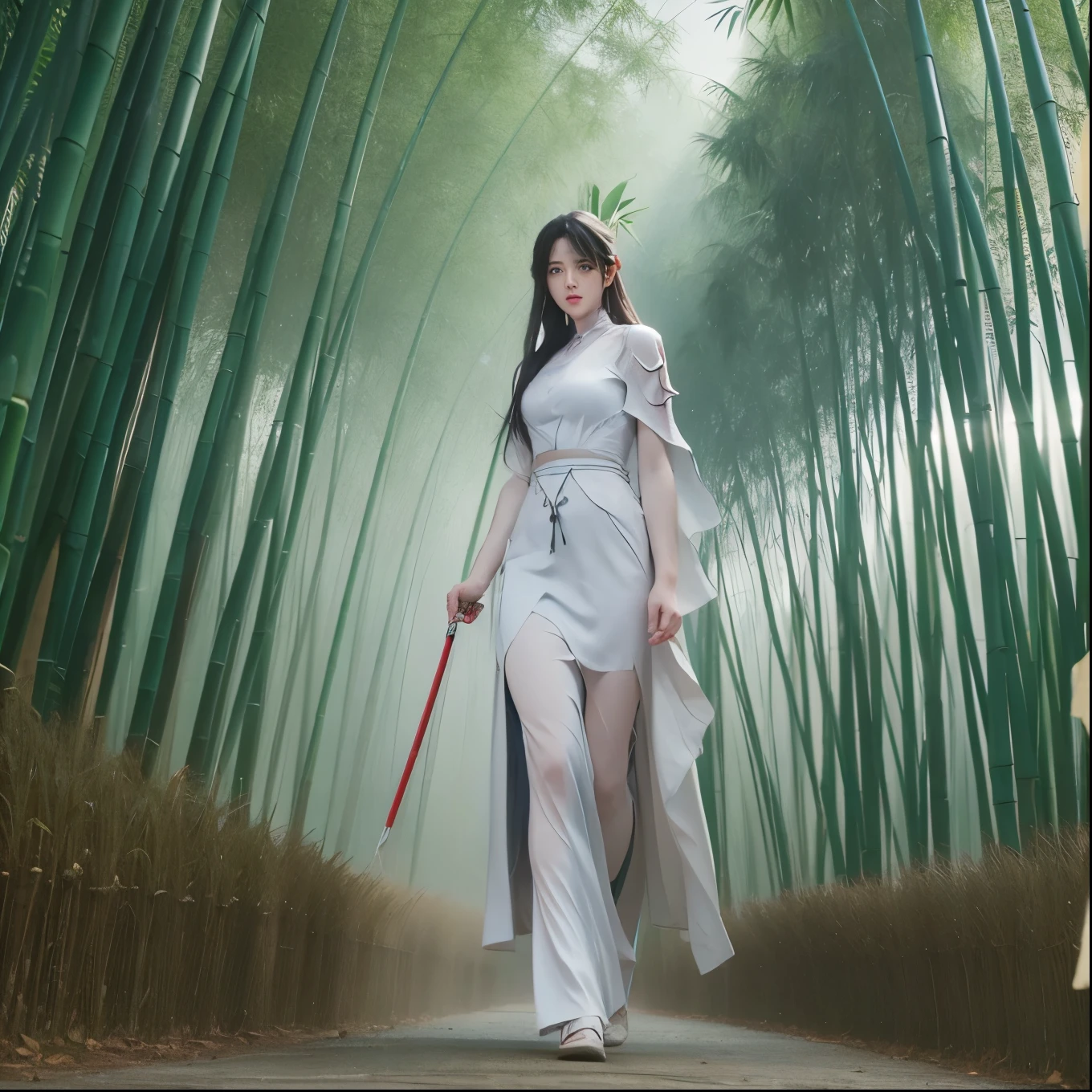 (Female: 1.2), (Big breasts: 1.2), (Qi bangs, ponytail), (White cape), (Ancient, Heroine), Chivalry, Hanfu, (holding a flute), standing in the forest, falling leaves, (showing breasts), (long legs), (barefoot), (back), buttocks, (ring finger diamond ring), full body, looking at the camera, masterpiece, realism