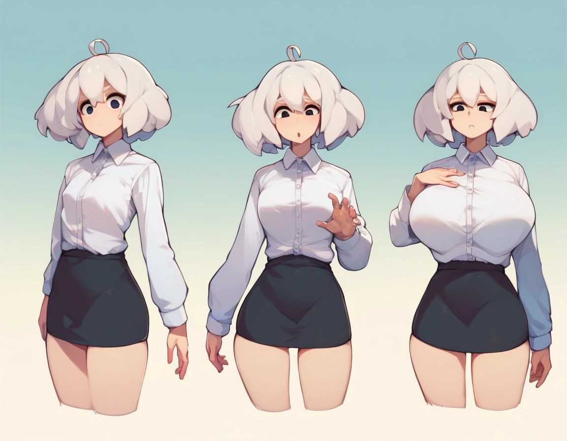 score_9, score_8_up, score_7_up, score_6_up, score_5_up, 1girl ,ahoge, white hair, short hair, black eyes, white shirt, buttoned shirt, black skirt, short skirt,(breast expansion:1.2),multiple views, huge breasts,