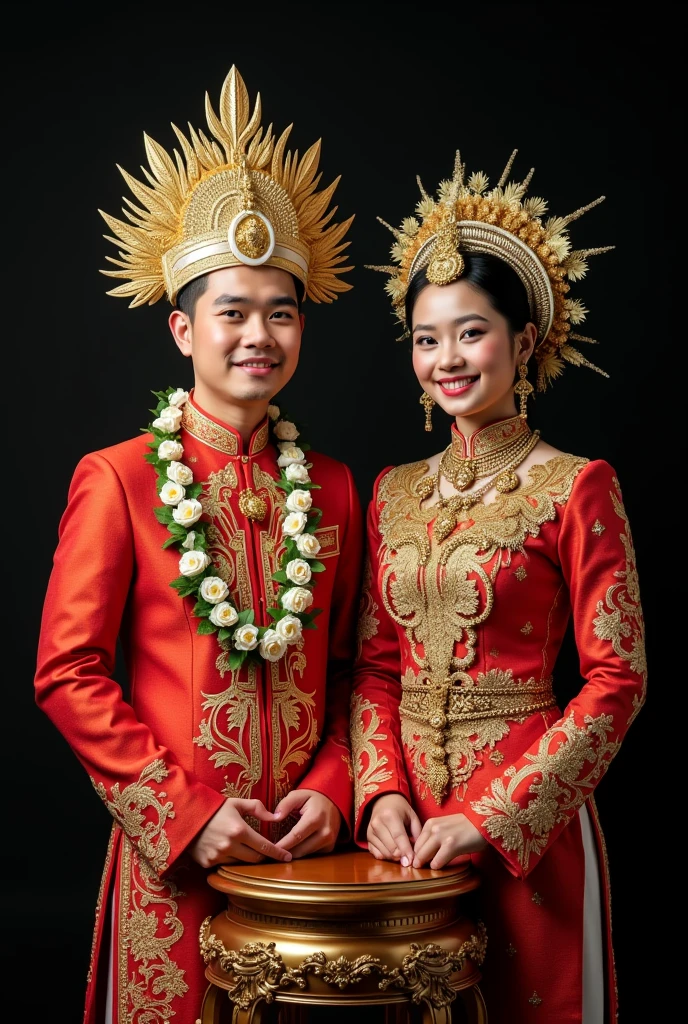 arafed asian couple in traditional dress posing for a picture, traditional beauty, traditional clothes, lovely couple, traditional clothing, portrait shot, wearing ornate clothing, barong family member, indonesia, barong family, wearing traditional garb, dramatic smile pose intricate, traditional, batik, traditional dress, bali, traditional makeup, ornate attire, wearing authentic attire