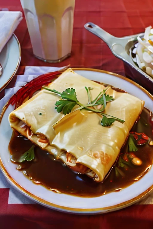  Ultra-realistic image , HD model, quality, 8K.  Several Plates ,  pon a table ,  with red and white square tablecloth.  The plates shown are Swiss enchiladas . 