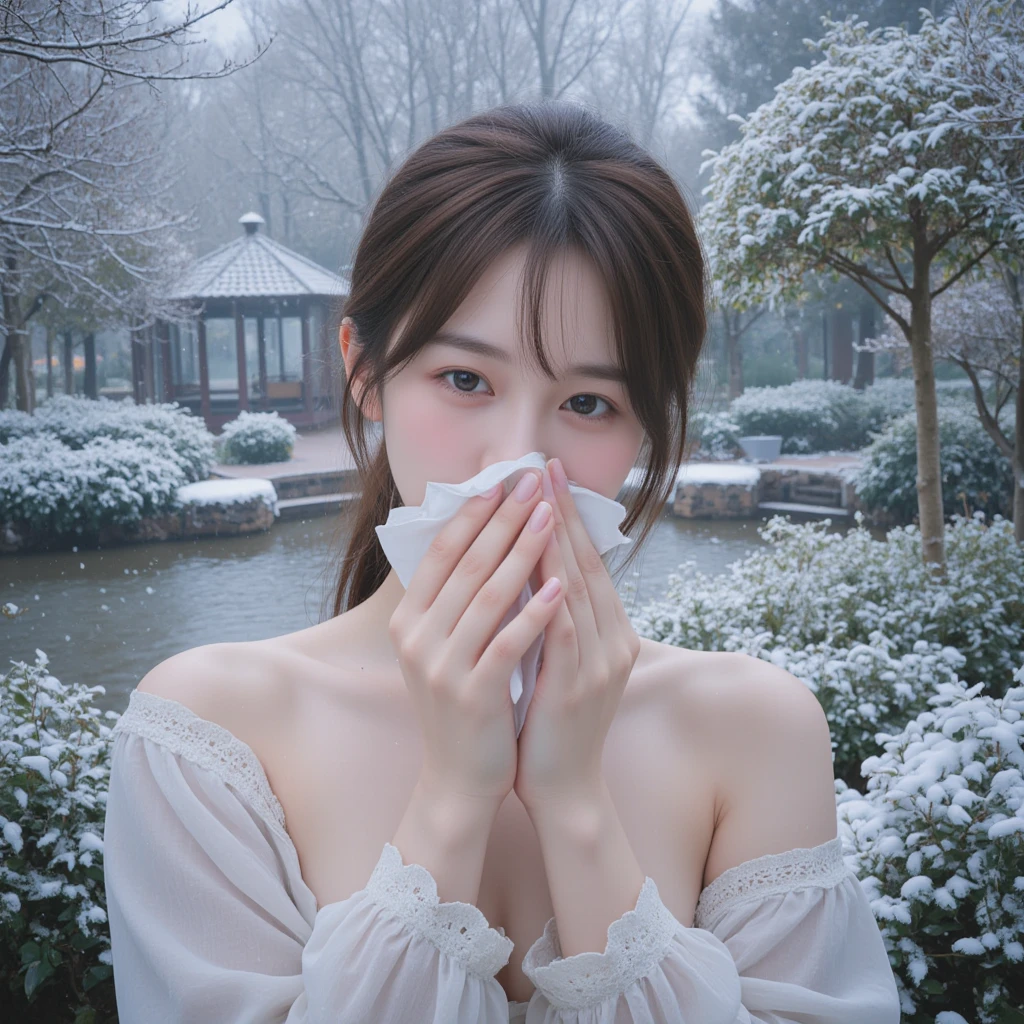 1 woman, yawning, wiping nose with tissue, winter garden, masterpiece, best quality, detailed, high resolution, photorealistic