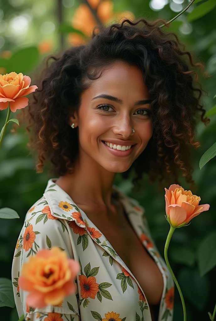 A Brazilian woman in a lush tropical garden, wearing an open shirt with a floral print, with a close-up capturing the harmonious beauty between her breasts and the natural flowers, showing off your natural charm and outgoing personality.