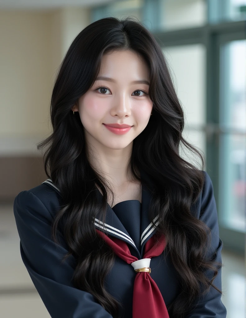 Create a picture of a young woman with long, wavy black hair cascading down her shoulders. She is wearing a school uniform, and the setting is in a high school. Her expression is calm and composed, with a slight smile. The overall mood is refined and graceful, with a focus on simplicity and beauty.  