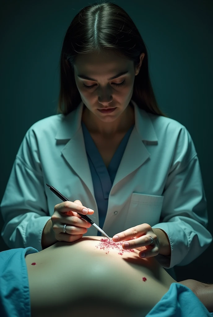 Female gynecologist opening hairy vagina of naked teenage patient lying on the table with her right hand in her mouth and fingers between her teeth while her mother takes care of her