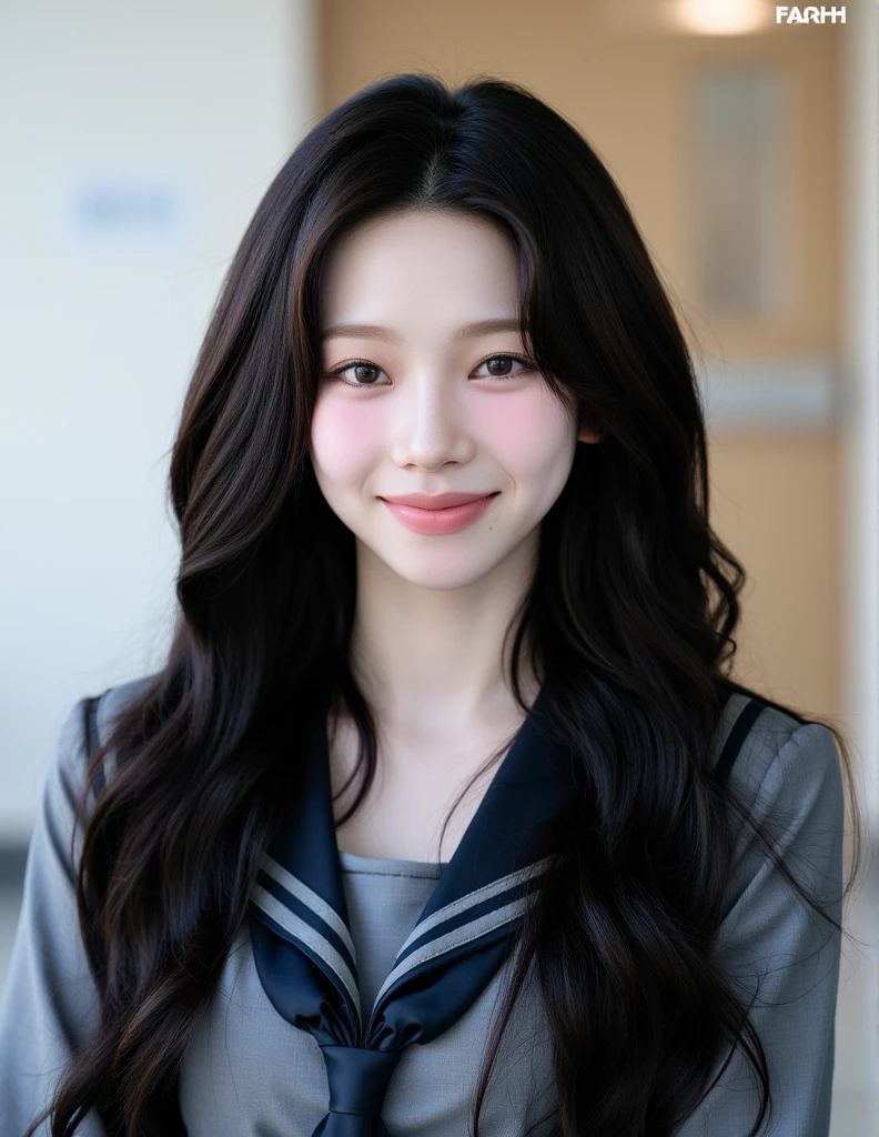 Create a picture of a young woman with long, wavy black hair cascading down her shoulders. She is wearing a school uniform, and the setting is in a high school. Her expression is calm and composed, with a slight smile. The overall mood is refined and graceful, with a focus on simplicity and beauty.  