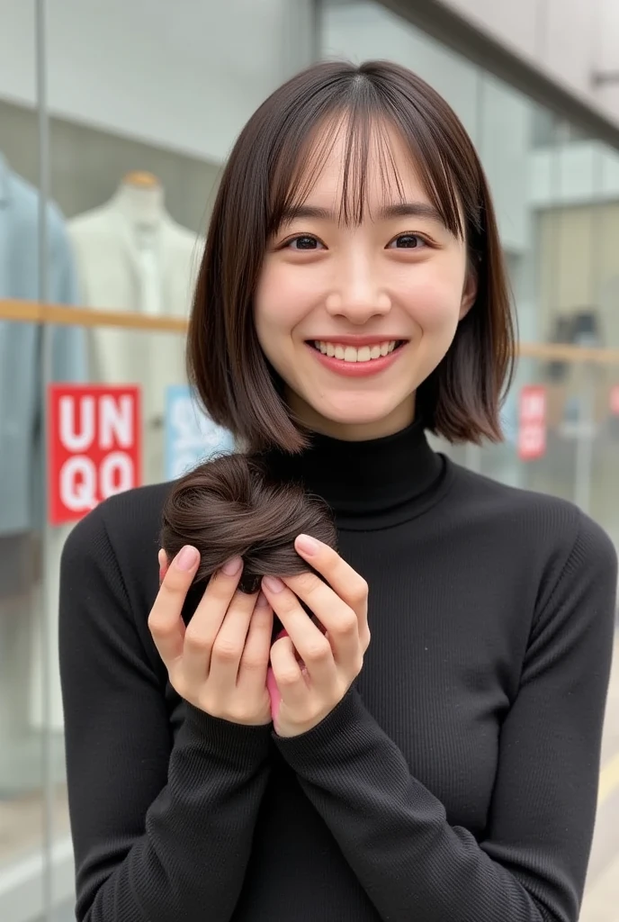 A red name tag hangs from the neck of a UNIQLO store in Japan　 thin long sleeve turtleneck knit that fits the body　Put a large amount of hair on your palm with a smile　Mini Bob