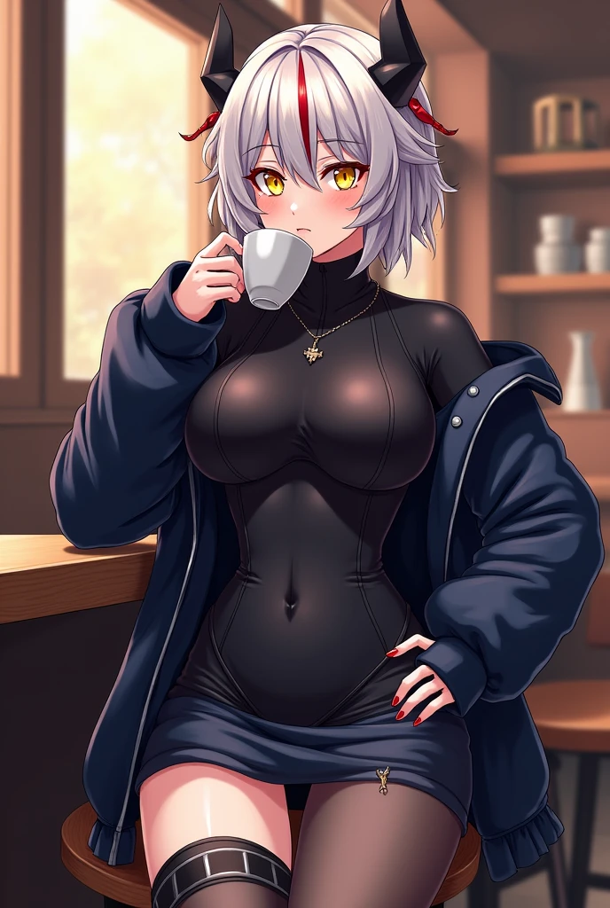 absurderes, (best qualityer), (tmasterpiece), (ultra - detailed: 1.2), (Fotorrealista: 1.1), (A high resolution), 1girll,(injury:1.1),(bloods:1.1), Xiaonan \(Naruto\), (the maid outfit,Long white stockings), Perforated Rabret, (Paper:1.2), (In the café,sit on chair,drinking a coffee,Be red in the face,Be red in the face,The legs are up),