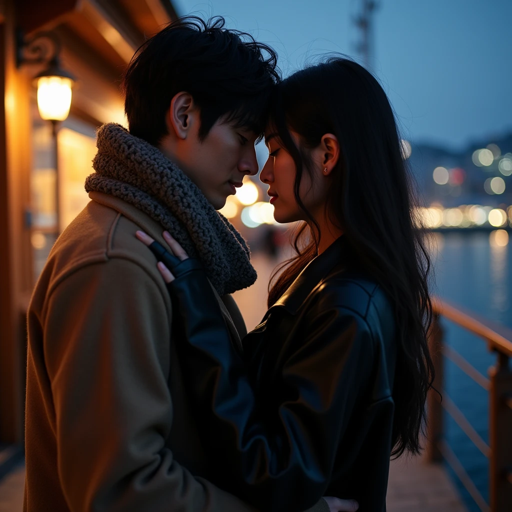 (Masterpiece、top-quality、Top image quality)、(Night fog, thank you again tonight),(Japan Woman、of young good looks、Melancholy、Adoration、Love between a man and a woman),Standard jazz scene、harbour、foghorn、Put on a coat、Night fog、Moody adult movie style、(It's a night fog that meets love Do you know the relationship between the two、Keep it hidden until the day you meet Night fog night fog、We say softly. Night fog, thank you again tonight)、