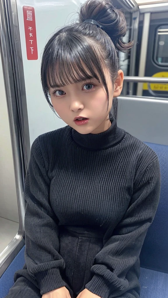 ((twenty years old)),(sitting on the seat),(((black long sleeve knit, black corduroy pants))), (((open mouth, angry half closed eyes:1.15)))、((((black short ponytail hair, bangs)))), Japanese、(dark skin),((((Round face))))、(big cheeks)、((Cute Face))、(((Japanese idol)))、(((background: in the train))),  Ultra High Definition,  high image quality model,  retina,  top quality, High resolution、high resolution、in 8K,Highly detailed eyes and face、超High resolution, High resolution、high resolution、in 8K