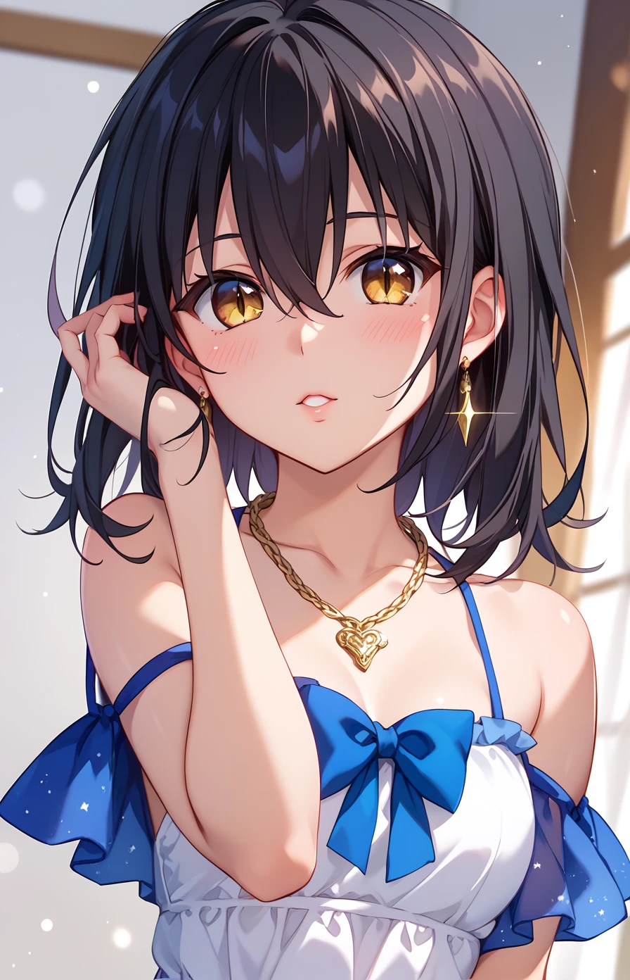 ( super high resolution 、 Max Image、 top quality、 detailed details )、(Himeragi Yukina:1.1)、 1 woman 、solo、 black hair、Shiny Hair、 bangs between eyes、Yellow Eyes、Glamorous eyes、Round pupils、 textured skin、 sexy dress、light blue nightdress、 slit 、 shiny dress 、Beautiful gold embroidery 、Fits your body、Shiny Earrings、 Sparkling Necklace、 standing、whole body、front、 from before、blush、 smiles、Sparkling Night View 、NSFW